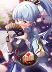  1girl absurdres arm_guards armor armored_dress bangs blue_capelet blue_eyes blue_hair blunt_bangs blurry blurry_background blush breastplate breasts bridal_gauntlets cake cake_slice capelet cherry_blossoms cleavage confession covering_mouth falling_petals folding_fan food genshin_impact hair_ornament hair_ribbon hand_fan highres holding holding_fan holding_plate kamisato_ayaka light_blue_hair long_hair looking_at_viewer mattsi_hbkk mole mole_under_eye outdoors petals plate ponytail ribbon signature solo strawberry_shortcake tress_ribbon 