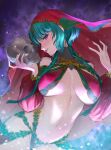  1girl absurdres bare_shoulders bikini blush braid breasts detached_sleeves fate/grand_order fate_(series) green_hair halterneck highleg highleg_bikini highres large_breasts long_sleeves looking_at_viewer navel parted_bangs puffy_long_sleeves puffy_sleeves purple_eyes red_bikini ri-ko salome_(fate) sarong short_hair_with_long_locks sidelocks skull smile solo swimsuit twin_braids 