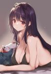  1girl black_ribbon breasts cleavage commentary_request gradient gradient_background grey_background hair_ribbon highres large_breasts long_hair looking_at_viewer lying murasaki_(senran_kagura) on_stomach purple_hair red_eyes ribbon senran_kagura signature solo upper_body yaegashi_nan 