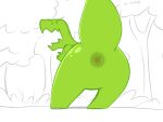 ambiguous_gender angry anthro anus butt dick_figures dinosaur featureless_crotch green_body green_skin hi_res looking_back outside plant reptile scalie sketch solo tree yiwol