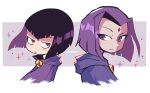  2girls bangs black_hair blue_cloak cloak colored_inner_hair dc_comics dual_persona forehead_jewel from_side highres hood hooded_cloak looking_to_the_side multicolored_hair multiple_girls purple_cloak purple_hair rariatto_(ganguri) raven_(dc) short_hair teen_titans 