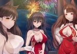  3girls absurdres aerial_fireworks akagi_(azur_lane) akagi_(ruby-laced_beauty)_(azur_lane) alternate_costume animal_ears atago_(azur_lane) azur_lane black_hair blurry blurry_background breasts brown_hair brown_tail champagne_flute choker cocktail_dress cup dress drinking_glass evening_gown ex_saki feather_boa fireworks from_side hair_between_eyes halter_dress halterneck highres kitsune kyuubi large_breasts long_hair looking_at_viewer mole mole_under_eye multiple_girls multiple_tails night o-ring_dress official_alternate_costume orange_eyes red_choker red_dress red_eyes sideboob taihou_(azur_lane) taihou_(forbidden_feast)_(azur_lane) tail upper_body water white_dress 