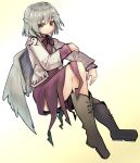  1girl angel_wings blush boots braid closed_mouth commentary dress feathered_wings french_braid ginnkei grey_hair grey_wings jacket kishin_sagume long_sleeves open_clothes open_jacket purple_dress short_hair single_wing solo touhou wings 