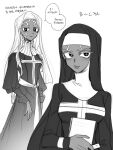  +_+ 1girl book breasts commentary_request dark-skinned_female dark_skin dress enrico_pucci genderswap genderswap_(mtf) greyscale habit holding holding_book jojo_no_kimyou_na_bouken korean_text long_dress medium_breasts monochrome nun sempon_(doppio_note) stone_ocean translation_request 