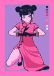 1girl black_footwear black_gloves black_hair border breasts china_dress chinese_clothes color_guide double_bun dress fist_in_hand frown gaako_illust gloves hair_bun head_tilt highres kneeling limited_palette looking_at_viewer ofuda_earrings original pink_dress purple_background short_sleeves side_slit solo still_life updo 