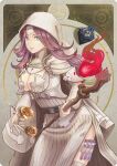  1girl absurdres belt blue_eyes breasts cape cleavage_cutout clothing_cutout dice dress emil_(nier) fire highres kaeru_(csit24) large_breasts long_hair parted_lips pentagonal_trapezohedron polyhedral_dice purple_hair solo thigh_strap vial voice_of_cards:_the_isle_dragon_roars white_cape white_dress white_veil wynifred_(voice_of_cards) yellow_gemstone 