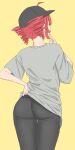  1girl ahoge ass ass_focus back baseball_cap black_hat black_pants drill_hair finger_to_own_chin from_behind grey_shirt hand_on_own_hip hat high_re highres kasane_teto leggings override_(synthesizer_v) pants red_hair shirt simple_background solo synthesizer_v t-shirt twin_drills utau white_shirt yellow_background 