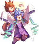  2girls @_@ agnes_tachyon_(umamusume) ahoge animal_ears aqua_hair arms_up artist_name birthday black_thighhighs blue_eyes blue_hair borrowed_clothes bow bowtie brown_eyes brown_hair coat commentary_request creape cropped_legs crossed_bangs dated hair_between_eyes hair_bow hair_over_eyes hand_on_own_hip highres horse_ears horse_girl horse_tail lab_coat long_hair long_sleeves looking_at_viewer multicolored_hair multiple_girls one_eye_closed open_mouth partial_commentary petticoat pleated_skirt purple_shirt purple_skirt school_uniform sharp_teeth shirt sidelocks skirt sleeves_past_fingers sleeves_past_wrists striped_bow tail teeth thighhighs tracen_school_uniform twin_turbo_(umamusume) twintails two-tone_hair umamusume very_long_hair white_background white_bow white_bowtie white_coat 