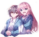  2girls bang_dream! bang_dream!_it&#039;s_mygo!!!!! blue_jacket brown_eyes chihaya_anon collared_shirt cropped_jacket cropped_torso dress_shirt earrings grey_eyes grey_hair hair_between_eyes hibioes hug hug_from_behind jacket jewelry long_hair looking_at_viewer midriff multiple_girls open_mouth own_hands_clasped own_hands_together parted_lips pink_hair shadow shirt short_hair simple_background takamatsu_tomori teeth upper_body upper_teeth_only white_background white_shirt white_sleeves yuri 