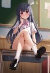  1girl absurdres bangs black_footwear black_skirt blue_hair blush bow bowtie classroom collared_shirt commission crossed_legs day female_child full_body furude_rika hair_over_shoulder hand_on_own_face highres higurashi_no_naku_koro_ni indoors loafers long_hair looking_at_viewer open_mouth pink_bow pixiv_commission pleated_skirt purple_eyes shirt shoes short_sleeves sidelocks sira_(user_dswn7488) sitting skirt smile socks solo sunlight teeth white_shirt white_socks 