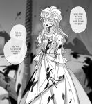  1girl bed blood blood_from_mouth blood_on_clothes blood_on_face blood_on_weapon blurry blurry_background breasts commentary_request curtains dress genderswap genderswap_(mtf) giorno_giovanna greyscale holding holding_sword holding_weapon jojo_no_kimyou_na_bouken korean_text long_dress monochrome open_mouth sempon_(doppio_note) small_breasts solo sword translation_request vento_aureo weapon 