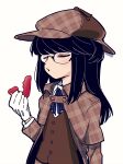  1girl black_hair clitoris coat deerstalker detective dildo eisu_(eith) glasses gloves hat highres long_hair original rabbit_vibrator sex_toy sidelocks simple_background smoking_pipe swept_bangs trench_coat tsukigime_sabuko vest vibrator white_background white_gloves 