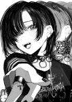 1girl absurdres breasts collar ear_piercing fangs greyscale hair_over_one_eye highres jewelry looking_at_viewer monochrome nail_polish open_mouth original piercing qr_code ring shirt simple_background sirayukisiu solo spiked_collar spikes spot_color upper_body zoom_layer 