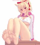  1girl animal_ear_fluff animal_ears ass bare_legs barefoot blonde_hair blush breasts collarbone cropped_hoodie feet highres hood hoodie large_breasts legs looking_at_viewer nottytiffy open_mouth original panties ponytail red_eyes simple_background sitting solo striped_clothes striped_panties tiffy_(nottytiffy) underwear white_background 