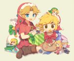 blonde_hair blue_eyes christmas clothing costume elf gift_box hair holidays humanoid humanoid_pointy_ears hylian hylian_shield light_body light_skin male nintendo not_furry ocarina_of_time open_mouth open_smile plushie santa_costume shield signature simple_background smile square_crossover the_legend_of_zelda toon_link triforce wind_waker wusagi2 young_link