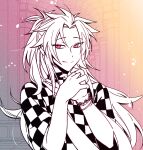  1boy b1ue_e4rth bracelet checkered_clothes checkered_shirt closed_mouth commentary_request greyscale_with_colored_background hatsutori_hajime jewelry korean_commentary long_hair male_focus multicolored_background own_hands_together pink_eyes saibou_shinkyoku shirt short_sleeves smile solo spot_color 