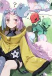  ? bangs blue_hair blush bow-shaped_hair closed_mouth commentary_request feet_out_of_frame grey_pantyhose grey_shirt highres iono_(pokemon) jacket long_hair long_sleeves multicolored_hair on_grass pantyhose pentagon_(railgun_ky1206) pink_hair pokemon pokemon_(game) pokemon_sv red_eyes scovillain shirt single_leg_pantyhose sitting sleeves_past_fingers sleeves_past_wrists two-tone_hair very_long_hair yellow_jacket 