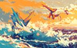  blue_skin cloud colored_skin dragon latias latios looking_at_another meheeh midair no_humans ocean pokemon pokemon_(creature) red_skin sunset waves white_skin wings 