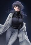  1girl bangs belt black_belt black_hair black_shirt breasts coat collared_shirt dress_shirt earrings filha grey_coat grey_eyes grey_jacket grey_pants highres jacket jacket_on_shoulders jewelry langley_(path_to_nowhere) large_breasts long_hair looking_to_the_side pants parted_lips path_to_nowhere shirt shirt_tucked_in simple_background solo suspenders 
