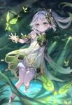  1girl absurdres armlet bangs bare_shoulders bloomers blurry blush bracer braid closed_mouth colored_tips commentary_request cross-shaped_pupils crown_braid crystalfly_(genshin_impact) depth_of_field detached_sleeves dress dutch_angle feet floating_hair full_body genshin_impact gradient_hair green_eyes green_hair green_sleeves hair_between_eyes hair_ornament highres knees_together_feet_apart leaf_hair_ornament light_particles long_hair looking_at_viewer multicolored_hair nahida_(genshin_impact) nature outstretched_hand pointy_ears ryuna_(inc_moon) short_dress short_sleeves side_ponytail sidelocks sleeveless sleeveless_dress socks solo stirrup_legwear symbol-shaped_pupils toeless_legwear toes underwear water white_bloomers white_hair white_socks 