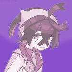  1boy blush closed_mouth collared_shirt crossed_bangs gloves hairband highres hiiragisyuu jacket kieran_(pokemon) long_sleeves looking_at_viewer male_focus monochrome multicolored_hair partially_fingerless_gloves pokemon pokemon_sv purple_theme shirt simple_background solo upper_body 