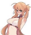  1girl 710_ao ahoge arms_behind_back artoria_caster_(fate) artoria_caster_(swimsuit)_(fate) artoria_caster_(swimsuit)_(first_ascension)_(fate) artoria_pendragon_(fate) bikini blonde_hair blush breasts fate/grand_order fate_(series) green_eyes highres long_hair navel small_breasts swimsuit twintails twitter_username white_background white_bikini 