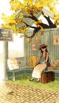  1girl animal bird black_hair blue_bird bow brick_floor bus_stop closed_eyes commentary_request day dress grass hat highres hinata_(echoloveloli) holding holding_animal holding_bird long_hair mary_janes original outdoors pillow ribbon scenery shoes short_sleeves sign sitting solo sticker suitcase tree very_long_hair white_dress white_ribbon wide_shot yellow_bow 