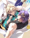  2boys aqua_shirt aventurine_(honkai:_star_rail) bathtub black_gloves black_shirt blonde_hair blue_hair bracelet closed_mouth collared_shirt dr._ratio_(honkai:_star_rail) earrings gloves hair_between_eyes hair_ornament honkai:_star_rail honkai_(series) jewelry light_smile looking_at_viewer looking_back male_focus mori_morii multicolored_eyes multiple_boys rubber_duck shirt short_hair sleeveless sleeveless_shirt two-tone_eyes watch wristwatch 