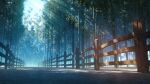  bamboo bamboo_forest blue_sky commentary_request day fence forest hachio81 highres light_rays nature no_humans original outdoors road scenery sky sunlight wooden_fence 