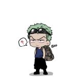  1boy ? bag black_pants black_tank_top boots chibi commentary_request enahr_1111 goggles goggles_on_head green_hair hand_in_pocket korean_commentary lowres male_focus one_piece pants roronoa_zoro short_hair shoulder_bag simple_background solo tank_top v-shaped_eyebrows white_background 