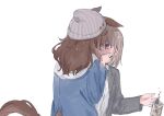  2girls animal_ears beanie blue_jacket brown_hair can canned_coffee charan_(4963_nkym) drink_can dropping female_trainer_(umamusume) grey_hair grey_hat hands_on_another&#039;s_cheeks hands_on_another&#039;s_face hat highres hood hood_down hooded_jacket horse_ears horse_girl horse_tail implied_kiss jacket long_hair long_sleeves multiple_girls nakayama_festa_(umamusume) shirt short_hair tail trainer_(umamusume) umamusume upper_body white_background white_shirt yuri 