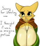  absurd_res amulet anthro bethesda_softworks big_breasts bodily_fluids breast_expansion breasts cleavage clothed clothing expansion felid feline female fully_clothed guilty hi_res hood huge_breasts katia_managan khajiit mammal prequel_adventure simple_background solo tears text the_elder_scrolls trwawynt1 webcomic webcomic_character white_background 