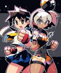  2girls :d back-to-back bea_(pokemon) blue_skirt bow bow_hairband bright_pupils brown_eyes brown_hair clenched_hands closed_mouth covered_navel cowboy_shot crop_top cropped_shirt crossover dark-skinned_female dark_skin fighting_stance gloves grey_eyes grey_hair hair_bow hairband hand_up headband highres kasugano_sakura looking_at_viewer miniskirt multiple_girls neck_ribbon open_mouth partially_fingerless_gloves pleated_skirt pokemon pokemon_(game) pokemon_swsh rariatto_(ganguri) ribbon shirt short_hair shorts skirt smile standing street_fighter street_fighter_zero_(series) white_pupils white_shirt yellow_ribbon 