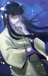  1girl black_hair blunt_bangs colored_sclera commentary_request covering_own_mouth domosansan highres japanese_clothes kimono long_hair looking_at_viewer outdoors red_eyes shin_megami_tensei snowing solo standing yellow_kimono yellow_sclera yuki_jorou yuki_onna 