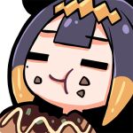  1girl =_= blunt_bangs eating food food_in_mouth food_on_face hololive hololive_english lowres mole mole_under_eye multicolored_hair ninomae_ina&#039;nis ninomae_ina&#039;nis_(1st_costume) ninomae_ina&#039;nis_(artist) official_art okonomiyaki orange_hair purple_hair sidelocks simple_background solo tentacle_hair transparent_background two-tone_hair virtual_youtuber 