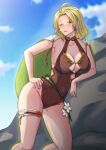  1girl ;) blonde_hair blue_eyes breasts brown_one-piece_swimsuit cape cleavage closed_mouth collarbone commission earrings fire_emblem fire_emblem:_the_sacred_stones fire_emblem_heroes hand_on_own_hip highres jewelry large_breasts one-piece_swimsuit one_eye_closed rinku_bny selena_(fire_emblem:_the_sacred_stones) selena_(summer)_(fire_emblem:_the_sacred_stones) short_hair smile solo swimsuit 