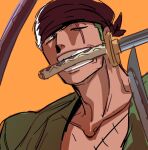 1boy absurdres bandana english_commentary green_hair highres holding holding_sword holding_weapon japanese_clothes kimono looking_at_viewer male_focus mouth_hold one_piece orange_background rita_ya roronoa_zoro scar scar_on_cheek scar_on_face short_hair solo sword triple_wielding weapon 