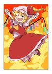  1girl :d ^_^ absurdres ankle_socks arms_up blonde_hair clenched_hands closed_eyes crystal explosion fang fire flandre_scarlet full_body hat hat_ribbon highres miz_(mizillustration) mob_cap no_nose one_side_up open_mouth outside_border red_footwear red_ribbon red_skirt red_vest ribbon shirt short_hair short_sleeves skirt smile socks solo split_mouth touhou vest white_hat white_shirt white_socks wings wrist_cuffs 