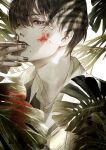  1boy blood blood_on_face bullet commentary_request crosshatching eyelashes hatching_(texture) highres juukakukan_no_satsujin kiyohara_hiro leaf limited_palette lips male_focus mole mole_under_mouth portrait profile solo 