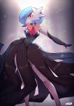  alternate_color black_dress black_gloves blue_hair blush breasts colored_skin dress gardevoir gloves highres large_breasts legs mega_gardevoir mega_pokemon pokemon pokemon_(creature) red_eyes shiny_pokemon short_hair solo twitter_username white_skin wide_hips wisespeak 