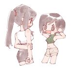  2girls arm_behind_back arms_behind_head arms_up bare_shoulders black_hair black_skirt breasts cowboy_shot crop_top cropped_legs cropped_sweater final_fantasy final_fantasy_vii final_fantasy_vii_rebirth final_fantasy_vii_remake green_sweater hand_on_own_arm high_ponytail light_blush long_hair looking_at_another medium_breasts midriff miniskirt multiple_girls navel nitoya_00630a open_mouth ponytail red_eyes short_hair shorts single_sidelock skirt sleeveless sleeveless_turtleneck small_breasts smile sweater tank_top tifa_lockhart turtleneck turtleneck_sweater white_background white_tank_top yuffie_kisaragi 