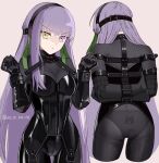  1girl arms_behind_back back bangs black_bodysuit bodysuit breasts fate/grand_order fate_(series) gimp_suit green_ribbon hair_ribbon heterochromia highres kaita_(mokamilkcup) kingprotea_(fate) latex latex_bodysuit long_hair looking_at_viewer medium_breasts multiple_views purple_eyes purple_hair ribbon shiny_clothes skin_tight very_long_hair xochitonal_(fate) yellow_eyes 