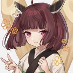  1girl amazakura brown_hair hair_ornament japanese_clothes kimono looking_at_viewer purple_eyes short_hair smile solo touhoku_kiritan upper_body v voiceroid 