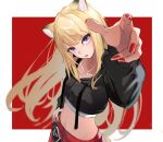  1girl animal_ears bangs blonde_hair blue_eyes breasts hand_on_hip highres hood hooded_jacket jacket kasoku_souchi kmnz long_hair looking_at_viewer mc_lita midriff navel open_mouth red_nails solo 