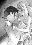  1boy 1girl babydoll bar_censor bed blush breasts carrot_(robosquat) censored couple covered_nipples greyscale hand_on_another&#039;s_head hetero highres licking licking_nipple long_hair looking_at_another lying monochrome nipple_stimulation on_back on_bed original pillow pussy scar scar_on_back small_breasts sweat 