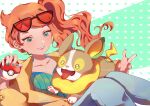  1girl absurdres aqua_eyes aqua_nails aqua_shirt breasts brown_coat cleavage coat collarbone denim dog eyewear_on_head hair_ornament heart heart_hair_ornament highres holding holding_poke_ball jeans medium_breasts orange-tinted_eyewear orange_hair pants poke_ball poke_ball_(basic) pokemon pokemon_(creature) pokemon_swsh ribbed_shirt shirt side_ponytail solo_focus sonia_(pokemon) sunglasses swept_bangs tehnyo tinted_eyewear v-neck wavy_hair yamper 