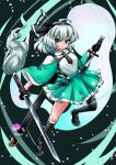  1girl ascot black_ascot black_gloves black_hairband commentary_request frilled_skirt frills full_body fuuren_udon ghost gloves green_eyes green_skirt grey_hair hairband holding holding_sword holding_weapon katana konpaku_youmu konpaku_youmu_(ghost) looking_at_viewer medium_hair shirt skirt solo sword sword_behind_back touhou weapon white_shirt 