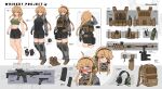  1girl absurdres ahoge assault_rifle backpack bag barefoot belt bike_shorts black_shorts blonde_hair blue_eyes blush boots bra braid breasts brown_footwear character_name cleavage commentary cz_bren-2 english_commentary english_text equipment_layout glock_17 gloves green_bra grey_hoodie gun headset height highres holster holstered_weapon hood hoodie indie_virtual_youtuber knee_pads knife large_breasts load_bearing_vest long_hair looking_at_viewer magazine_(weapon) midriff mole mole_under_eye multiple_views radio reference_sheet rifle shorts single_braid smile sports_bra suppressor thigh_holster twitter_username underwear virtual_youtuber watch weapon whiskey_project white_background wristwatch xerbatt 