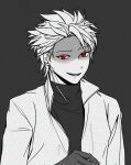  1boy b1ue_e4rth commentary_request earrings gloves grey_background greyscale jacket jewelry korean_commentary male_focus monochrome open_clothes open_jacket red_eyes saibou_shinkyoku shaded_face short_hair simple_background smile solo spot_color sweater theodore_riddle turtleneck turtleneck_sweater upper_body 