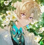  1boy aqua_shirt aventurine_(honkai:_star_rail) blonde_hair closed_mouth collared_shirt earrings flower hair_between_eyes highres honkai:_star_rail honkai_(series) jewelry light_smile looking_at_viewer male_focus multicolored_eyes necktie shirt short_hair solo suit two-tone_eyes u37777123 